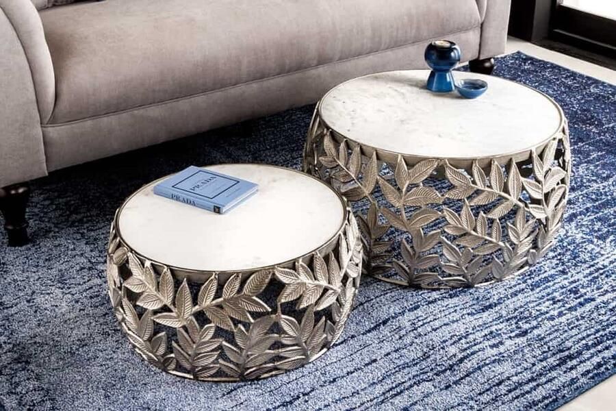 Invicta Interior Ronde set van 2 salontafels ABSTRACT LEAF 70cm wit zilver marmer metalen blad design 43817 - Foto 3