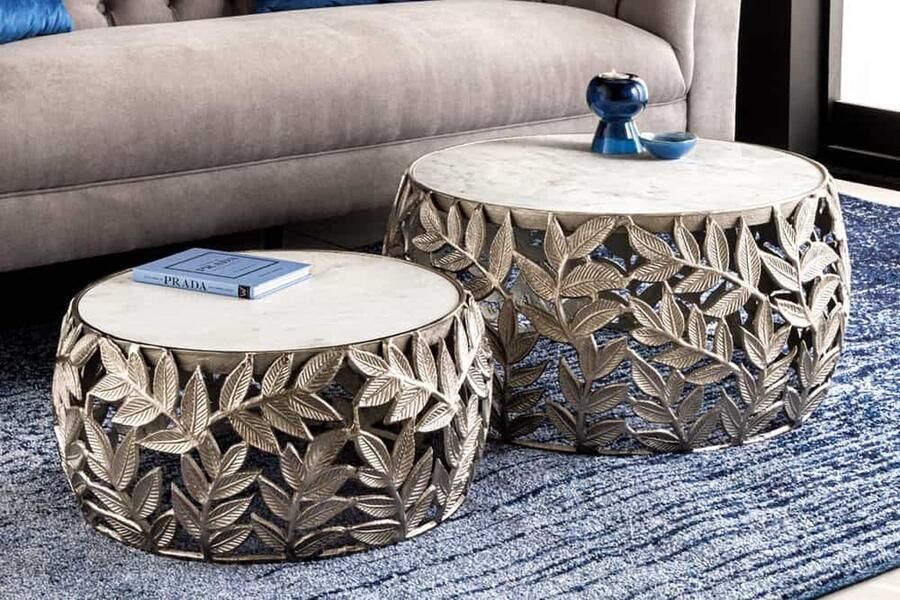 Invicta Interior Ronde set van 2 salontafels ABSTRACT LEAF 70cm wit zilver marmer metalen blad design 43817 - Foto 2