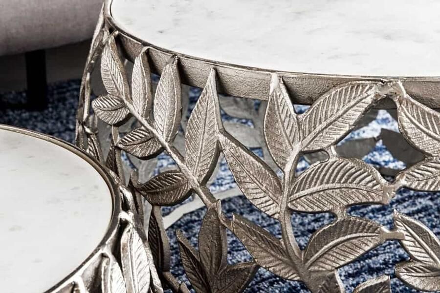 Invicta Interior Ronde set van 2 salontafels ABSTRACT LEAF 70cm Wit Zilver Marmer Metalen Blad Design 43817 - Foto 2