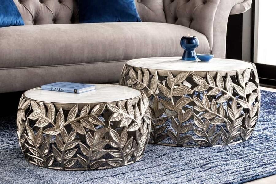 Invicta Interior Ronde set van 2 salontafels ABSTRACT LEAF 70cm Wit Zilver Marmer Metalen Blad Design 43817