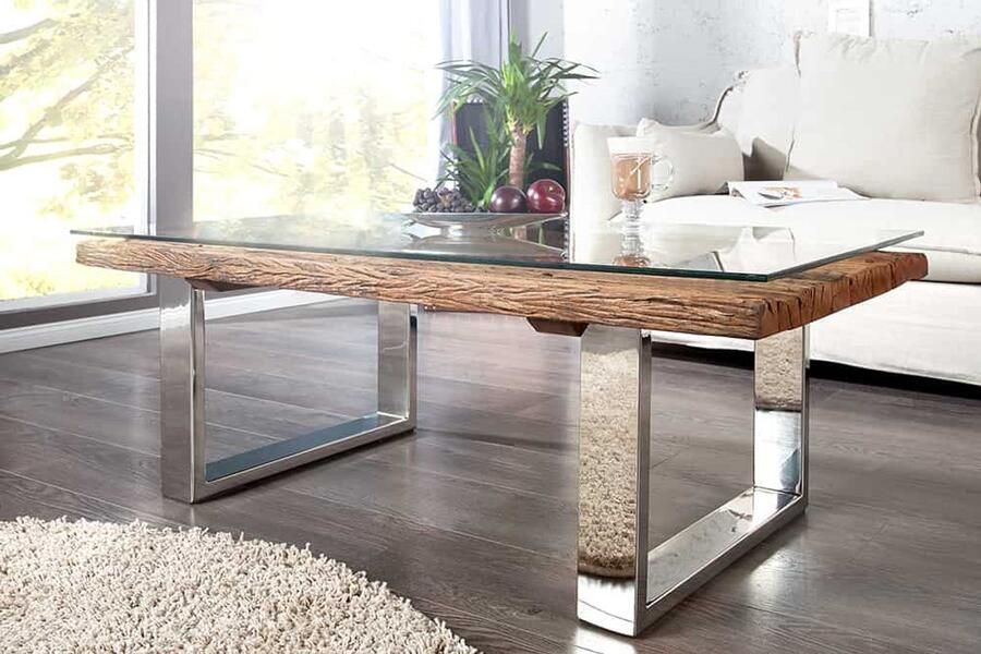 Invicta Interior Indrukwekkende salontafel BARRACUDA 110cm antiek teakhout met sleevoet en glas 6036650 - Foto 2