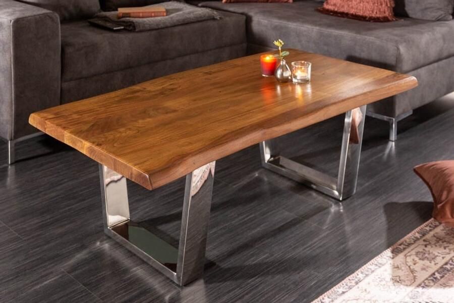 Invicta Interior Massief houten salontafel MAMMUT 110 cm Acacia met honing afgewerkte skid-basis boomrand 4 cm tafelblad 6539738