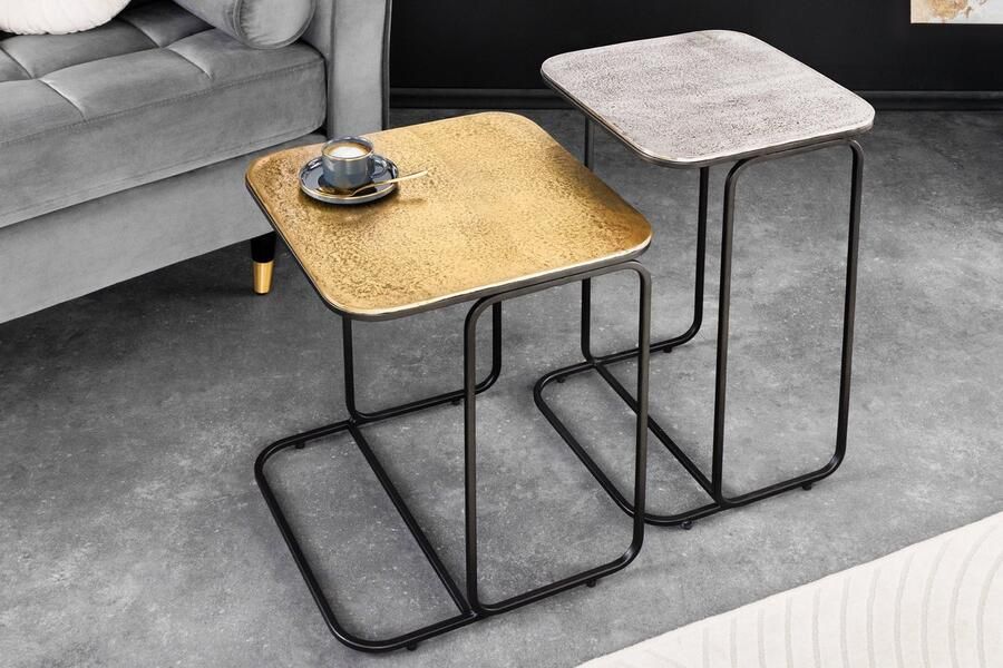 Invicta Interior Set van 2 bijzettafel ABSTRACT 55cm goud zilver zwart metaal handgemaakt 43516