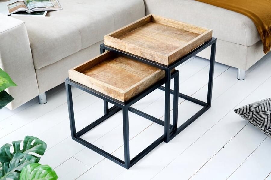 Invicta Interior Set van 2 bijzettafels SERVITEUR 50 cm naturel mangohout zwart metalen frame massieve salontafels 42575 - Foto 3