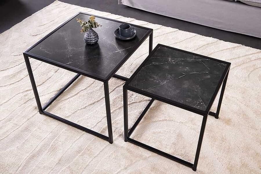 Invicta Interior Set van 2 bijzettafels SLIM LINE 50cm antraciet zwart marmeren design salontafel met metalen frame 44179 - Foto 2