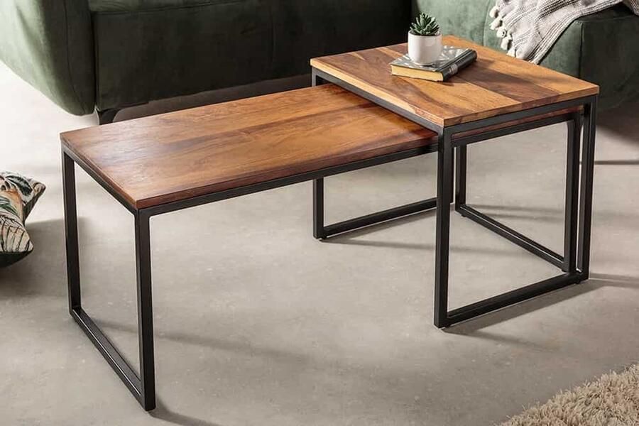 Invicta Interior Set van 2 design salontafels ELEMENTS 100cm Sheesham massief hout steenafwerking metalen frame 41069