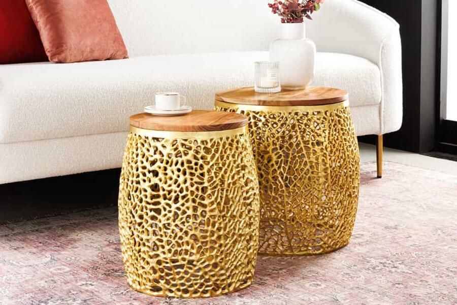 Invicta Interior Set van 2 filigraan Design salontafel ABSTRACT LEAF goud Acacia hout handgemaakte metalen ronde 43225