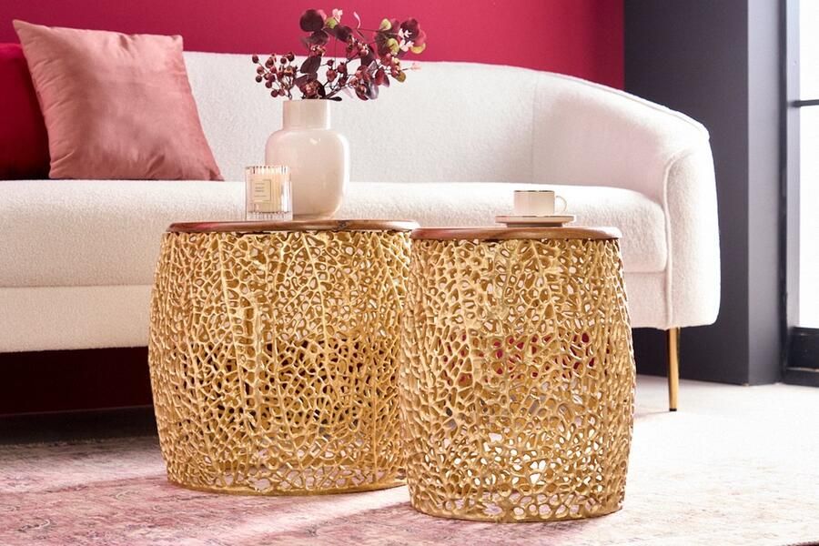 Invicta Interior Set van 2 filigrane design salontafels ABSTRACT LEAF goud acaciahout handgemaakt metaal rond 43225 - Foto 2