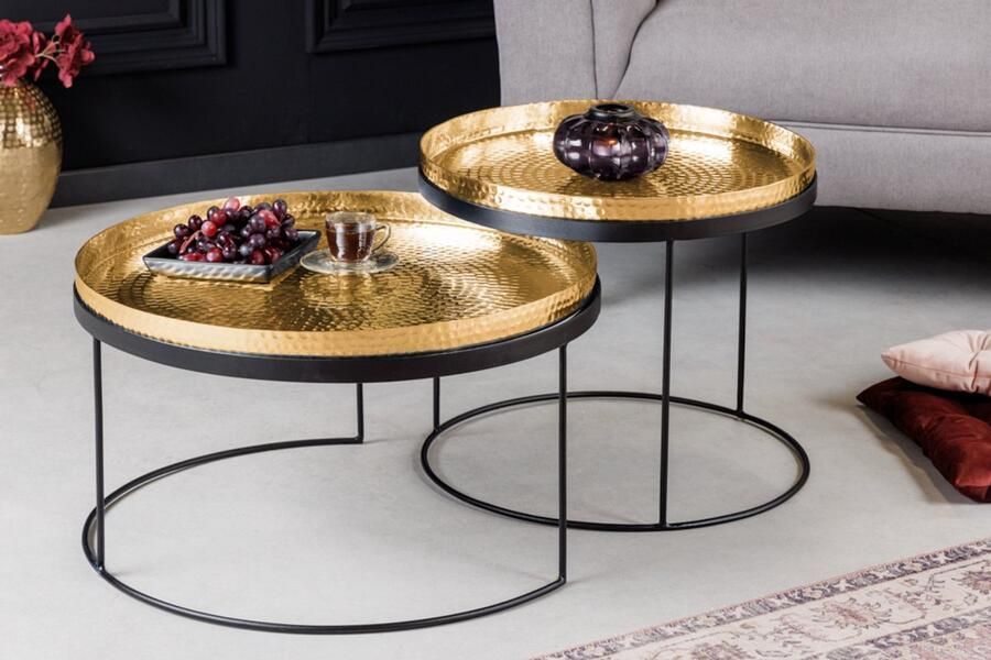 Invicta Interior Set van 2 ronde salontafels ELEMENTS ÃƒÆ Ã‹Å“60cm goud zwart metalen dienblad tafel bijzettafel handgemaakt 42730