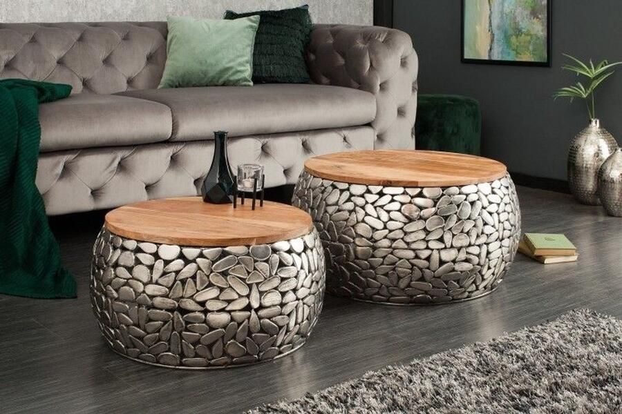 Invicta Interior Set van 2 ronde salontafels STONE MOSAIC 65cm zilver mangohout metaal handgemaakt mozaïekontwerp 41433
