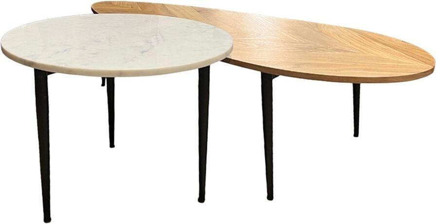 Invicta Interior Set van 2 salontafels ADLON 110 cm naturel wit acaciahout marmer zwart metaal 45187