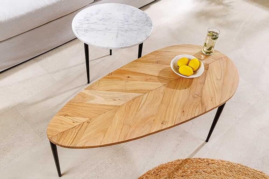 Invicta Interior Set van 2 salontafels ADLON 110 cm naturel wit acaciahout marmer zwart metaal 45187