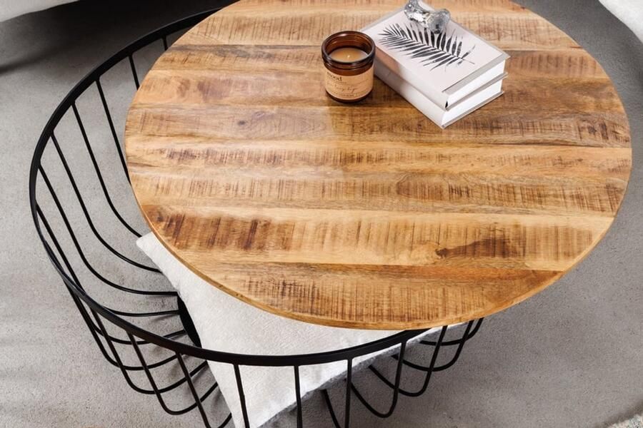 Invicta Interior Set van 2 salontafels OPBERGRUIMTE 70cm natuurlijk mangohout opbergruimte zwart metalen frame handgemaakt rond 42896