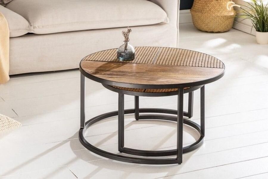 Invicta Interior Set van 2 salontafels Venezia Splendour LOUNGE 70cm rond massief mangohout Weens rieten metalen frame zwart