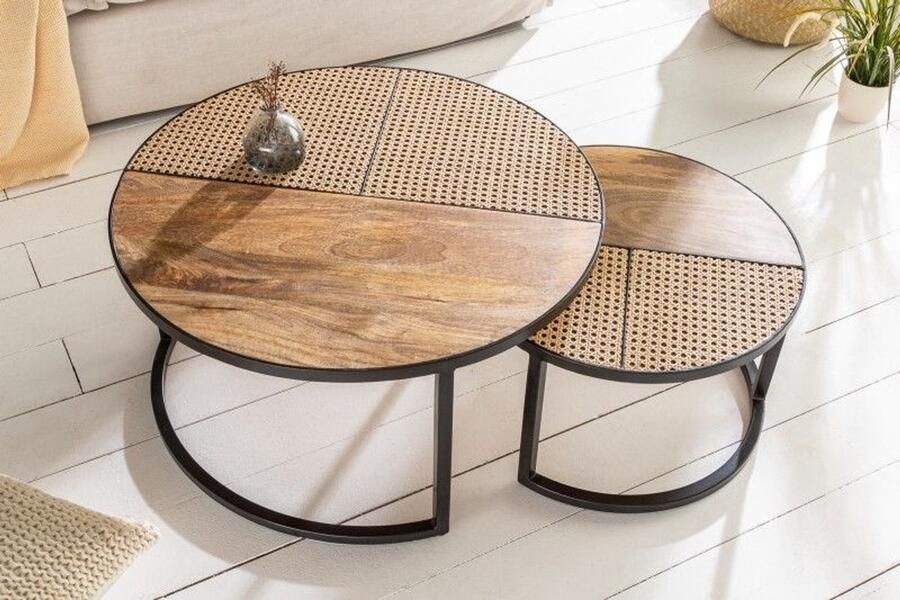 Invicta Interior Set van 2 salontafels Venezia Splendour LOUNGE 70cm rond massief mangohout Weens rieten metalen frame zwart - Foto 2