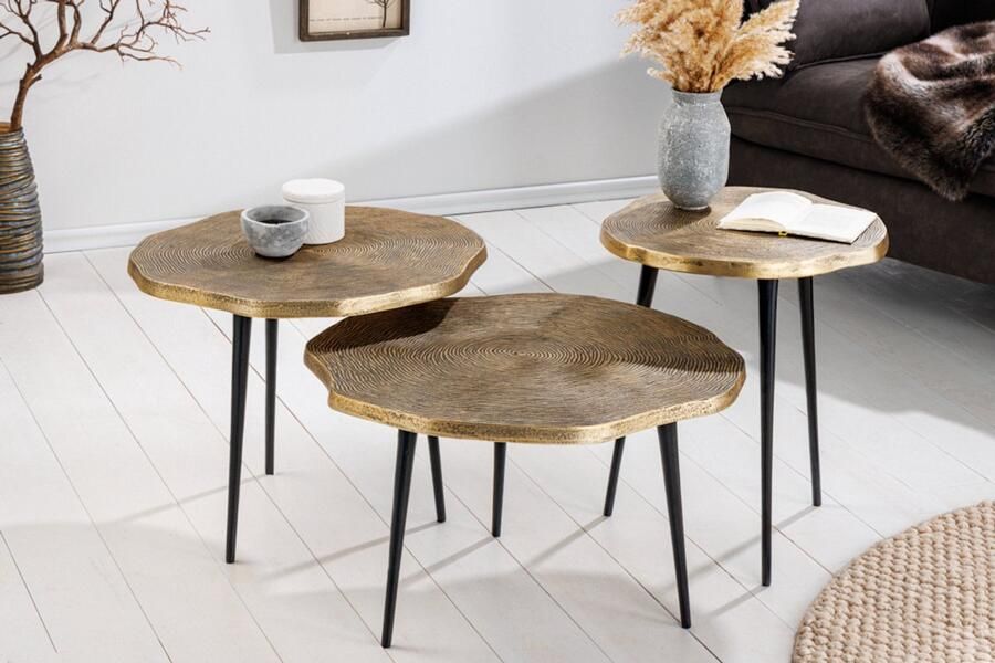 Invicta Interior Set van 3 bijzettafels ORGANIC 60 50 40cm antiek messing metalen ronde boomstam zwarte poten 42247 - Foto 3