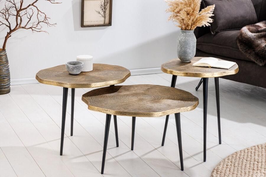 Invicta Interior Set van 3 bijzettafels ORGANIC 60 50 40cm antiek messing metalen ronde boomstam zwarte poten 42247 - Foto 2