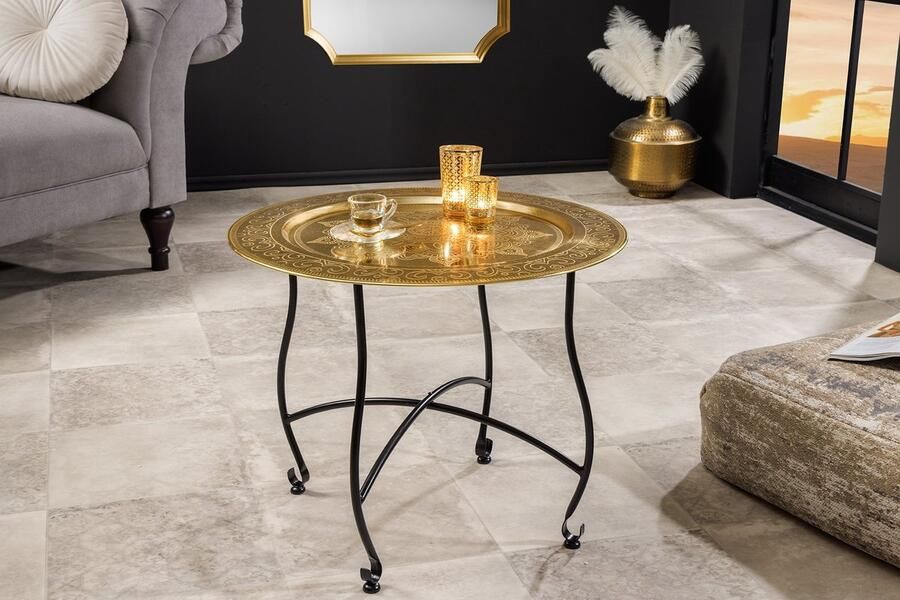 Invicta Interior Side table MARRAKESH 60cm messing hammer stroke design afneembaar blad 44345