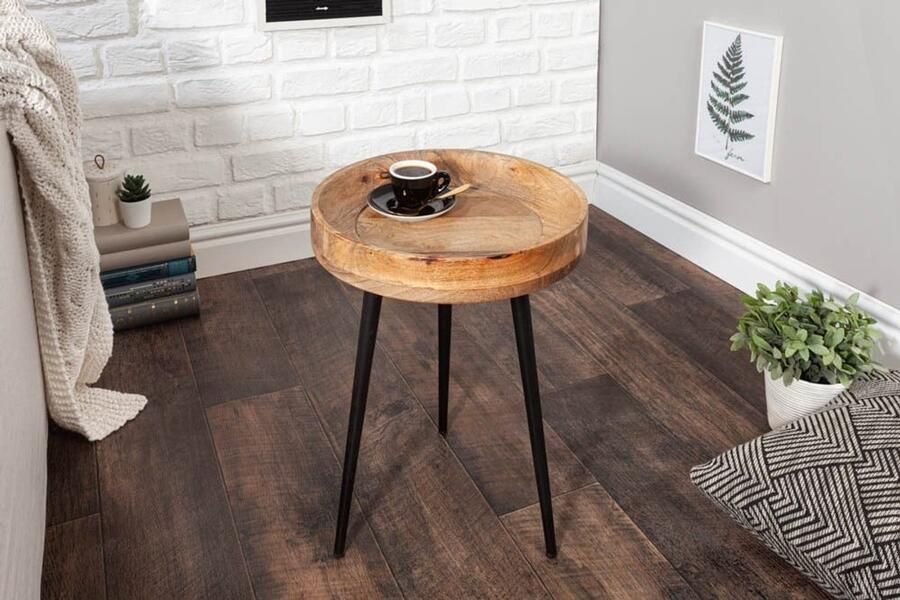 Invicta Interior Stevige bijzettafel PURE NATURE 35cm naturel mangohout rond met zwart metalen poten 39669 - Foto 3
