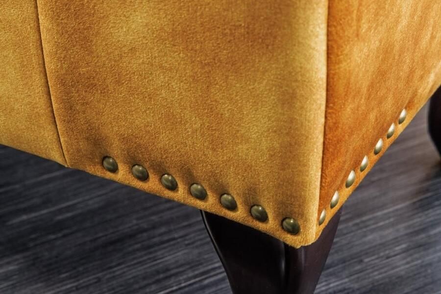 Invicta Interior Design voetenbank CHESTERFIELD 80cm mosterdgeel fluweel knoopstiksel klinknagelrand 41445 - Foto 2