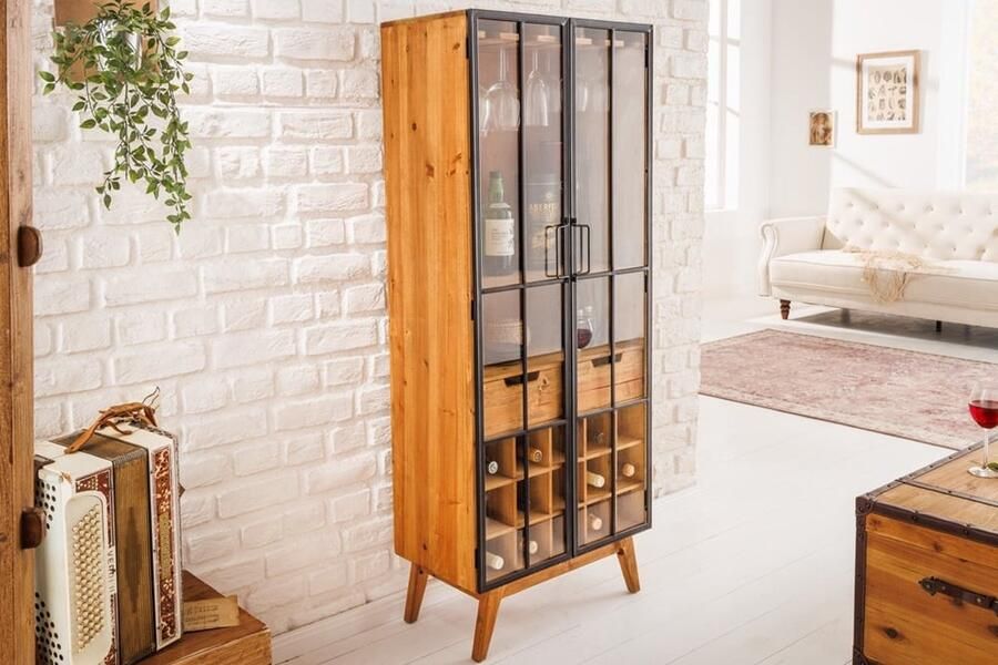 Invicta Interior Stevige Vitrinekast ZEVEN OVERZEES 150cm Natuurlijke Pijnboom Industriële Deuren Metalen Bar Kabinet 41196 - Foto 2