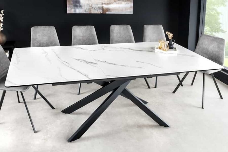 Invicta Interior Uitschuifbare eettafel ALPINE 160-200cm wit keramiek marmer zwart metalen frame 43844