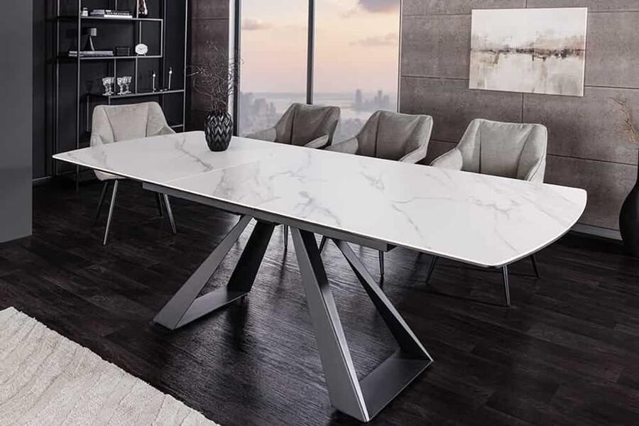 Invicta Interior Uitschuifbare eettafel CONCORD 180-230cm wit keramiek marmer design zwart metaal 46498