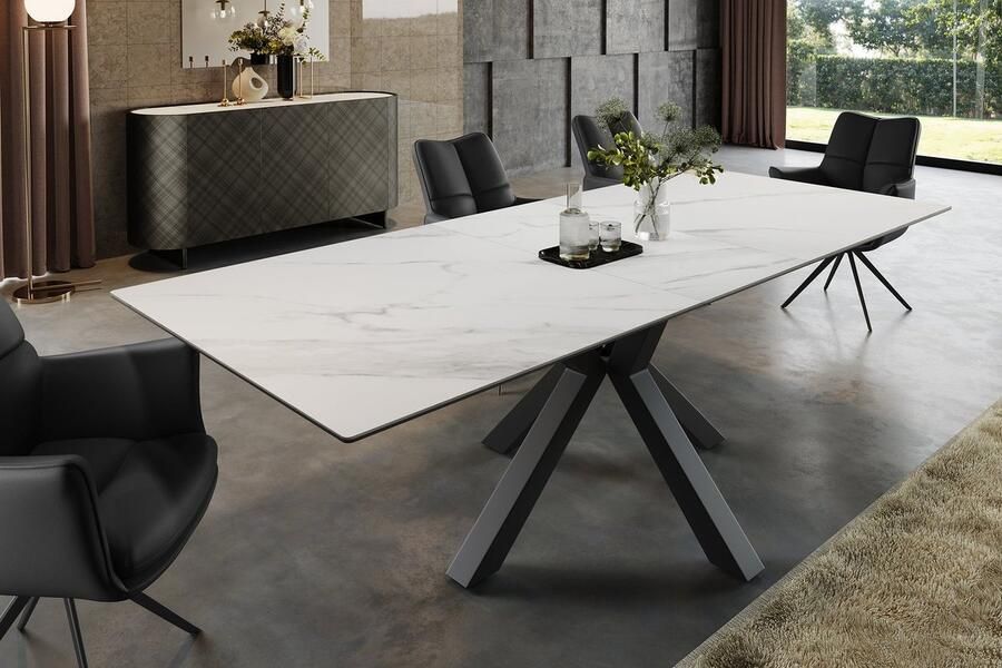Invicta Interior Uitschuifbare eettafel ETERNITY 160-200cm wit marmer keramiek zwart metaal 46625