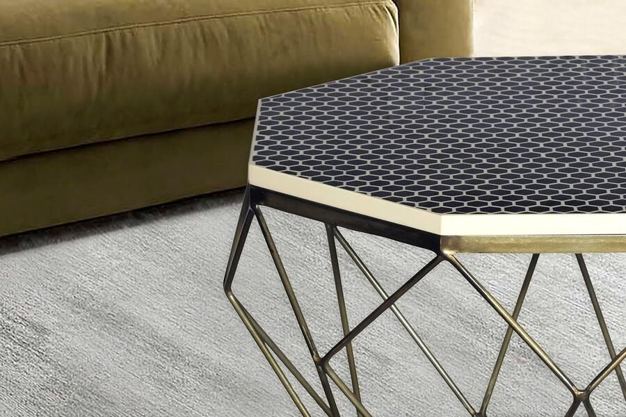 Invicta Interior Salontafel DIAMOND BONE INLAY 70cm rek ijzer messing buffelbotten tafelblad zwart wit 45215 - Foto 2