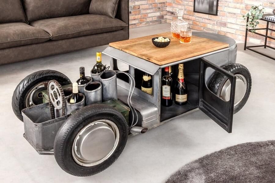 Invicta Interior Vintage salontafel HOT ROD 160cm staal mangohout bartafel flessenhouder massief 43602