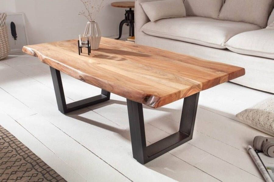 Invicta Interior Massief houten boomstam salontafel MAMMUT 110 cm acacia zwart metalen frame 3 5 cm tafelblad 40014