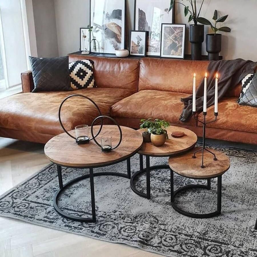 IronWood Salontafel set Triole Set van 3 Mangohout Rond Industrieel