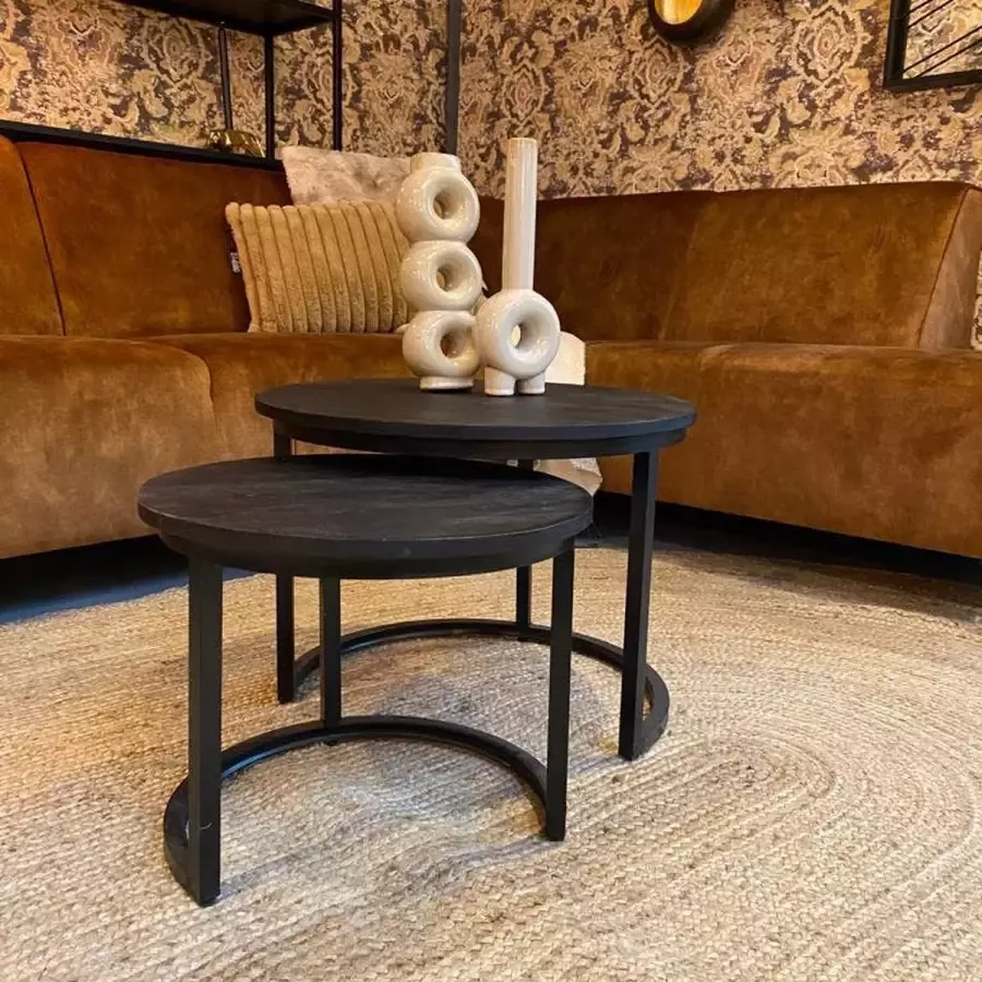 IronWood Salontafel set Duole Zwart Mangohout Rond Industrieel Set van 2