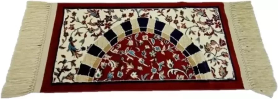 Islamhalalshop Reisformaat gebedskleed bordeaux rood met bloemen en koepel 70 cm x 35 cm