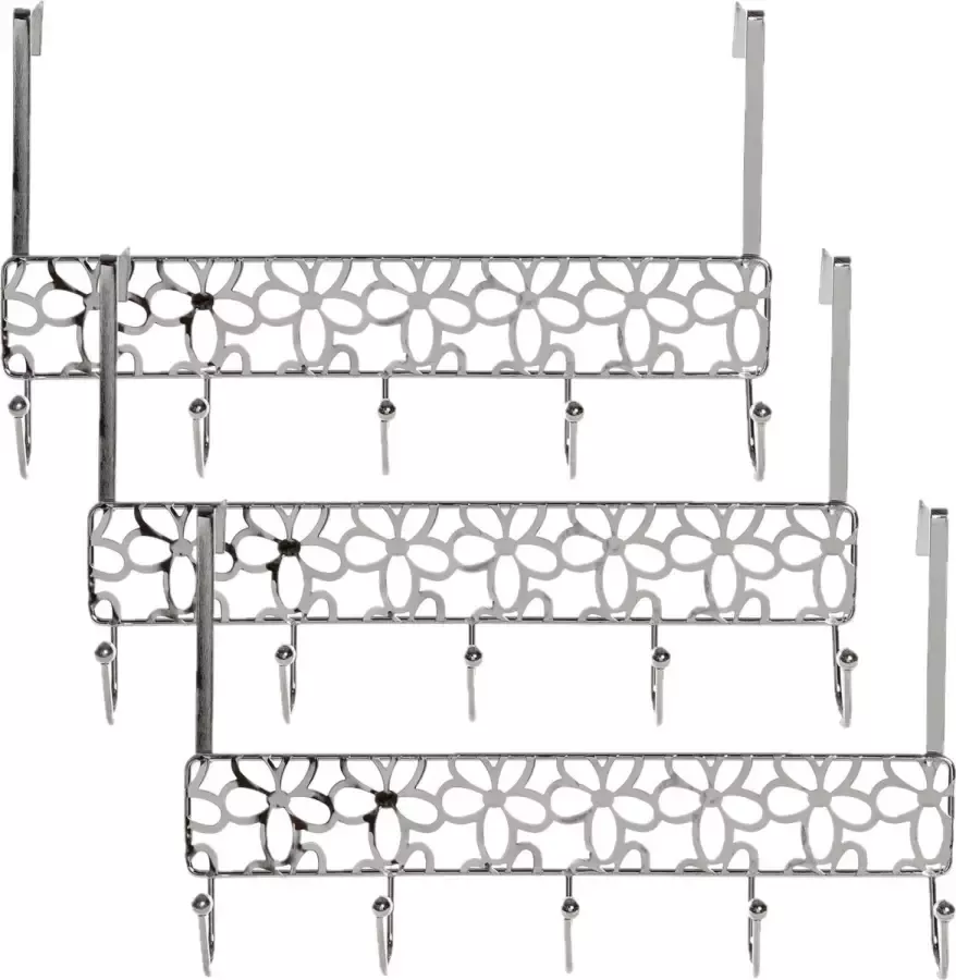 Items 3x stuks deurhangers kapstok zilver met bloemenpatroon en 5 haken 32 cm Badkamer slaapkamer kapstok Deurkapstokken