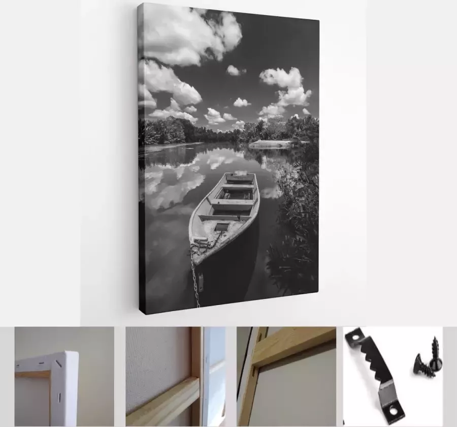 Itsallcanvas Beautiful morning landscape and Old boat near river bank black and white photo Modern Art Canvas Vertical 1850761168 40-30 Vertical