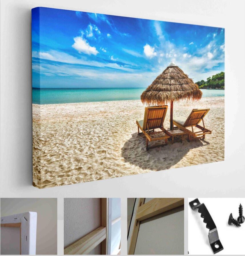 itsallcanvas Vacation background wallpaper two beach loungers under tent on the beach. Sihanoukville Cambodia Modern Art Canvas Horizontal 302683349 115*75 Horizontal