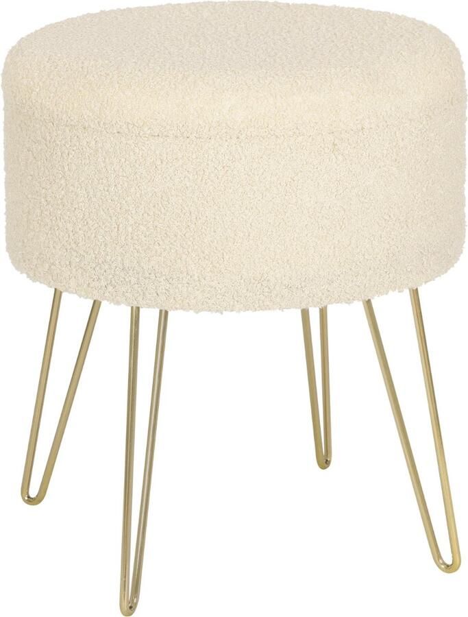 ItsIn Kruk Met Opslagruimte Wit Beige Kaptafel Ronde Voetenbank Thuis Woonkamer Slaapkamer 39x44cm Teddy Fleece MDF Metalen poten