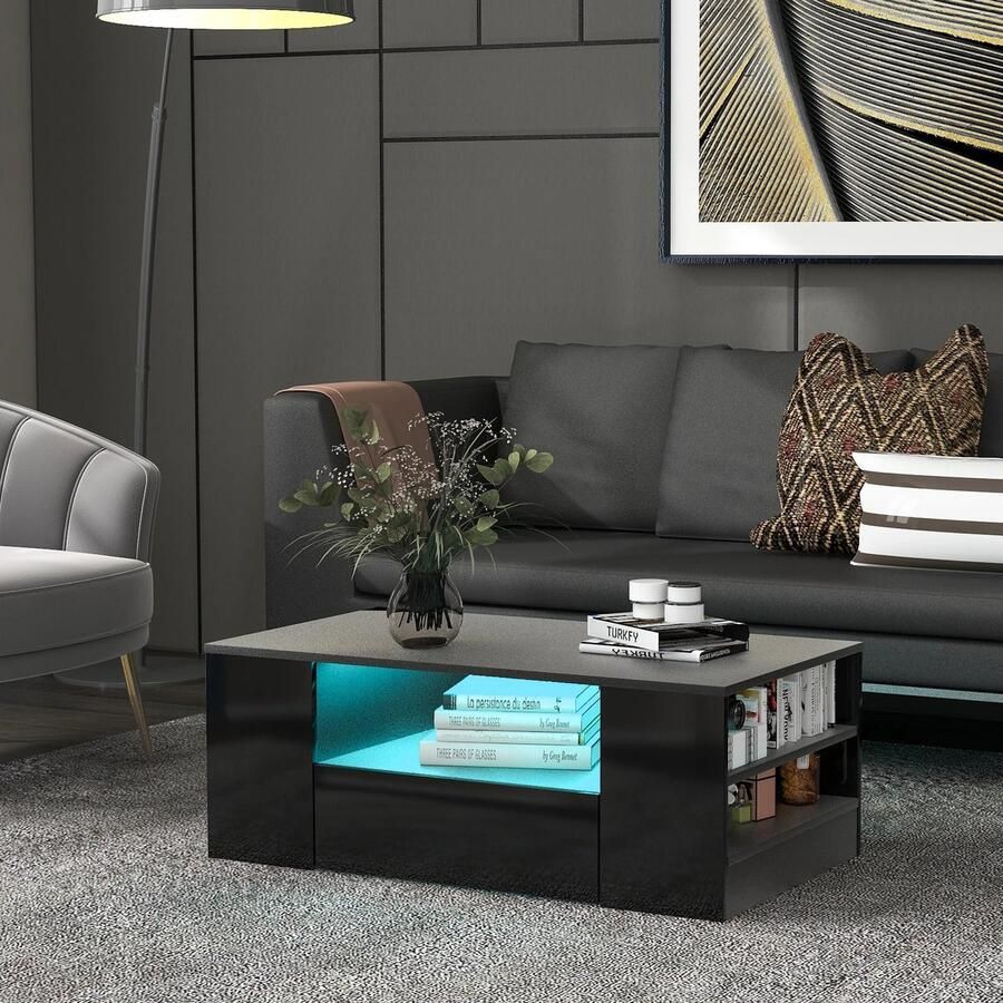 ItsIn Moderne Salontafel met lades Hoogglans Led Verlichting Woonkamer 2 Laden 2 Planken 95X53X37Cm Rechthoekig Zwart