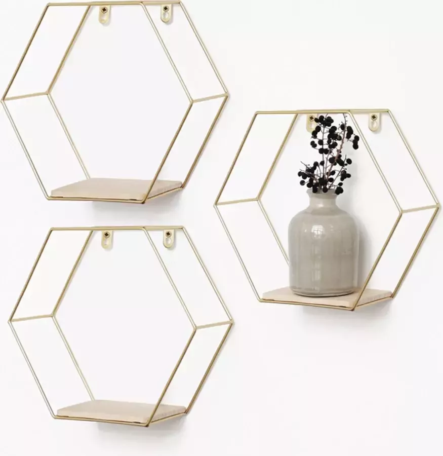 IVOL Goud metalen wandrek industrieel met 1 houten plankje Set van 3 stuks Zeshoekig 25x28 5 cm