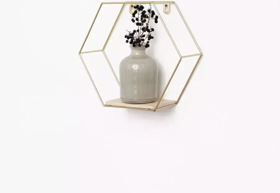IVOL Goud metalen wandrek industrieel met 1 houten plankjes Zeshoekig 25x28 5 cm