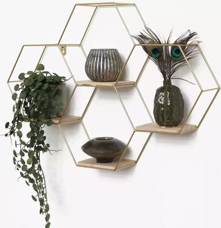 IVOL Goud metalen wandrek industrieel met 4 houten plankjes Vierdubbel zeshoekig 40 5x58 cm