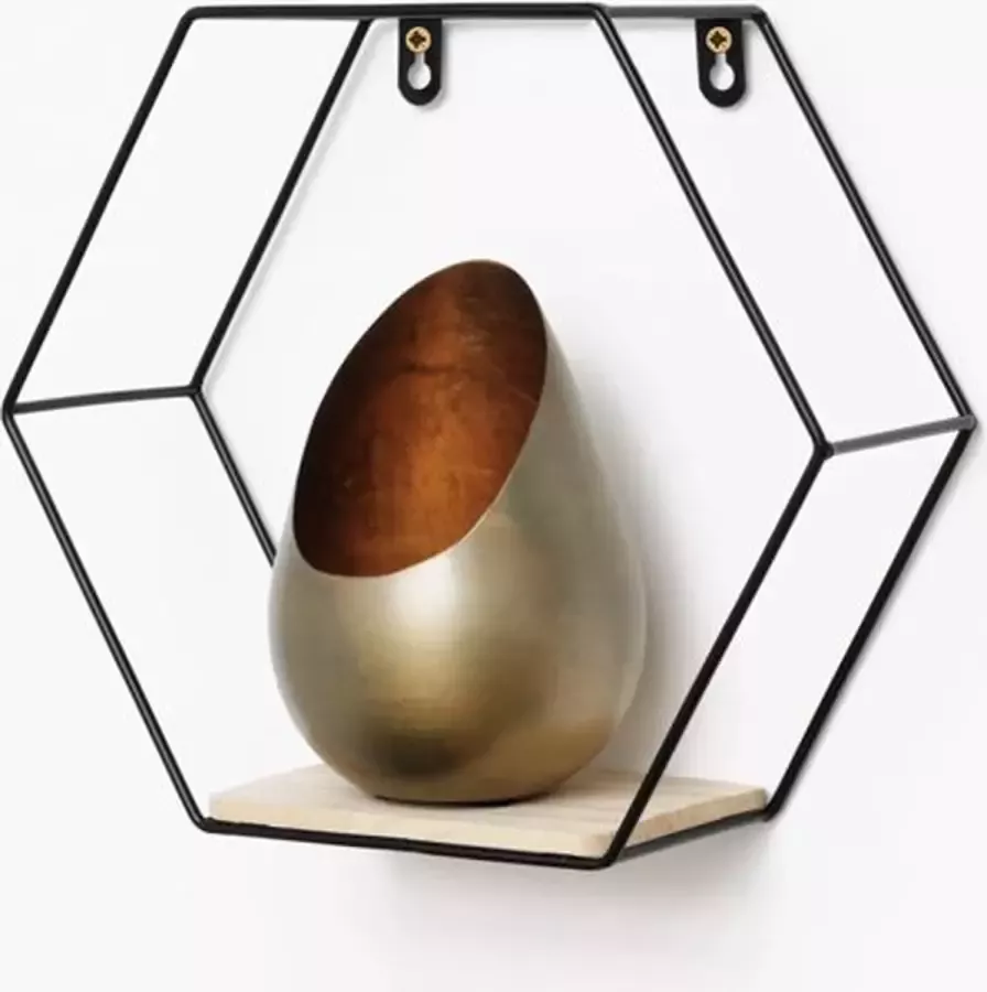 IVOL Zwart metalen wandrek industrieel met 1 houten plankjes Zeshoekig 25x28 5 cm