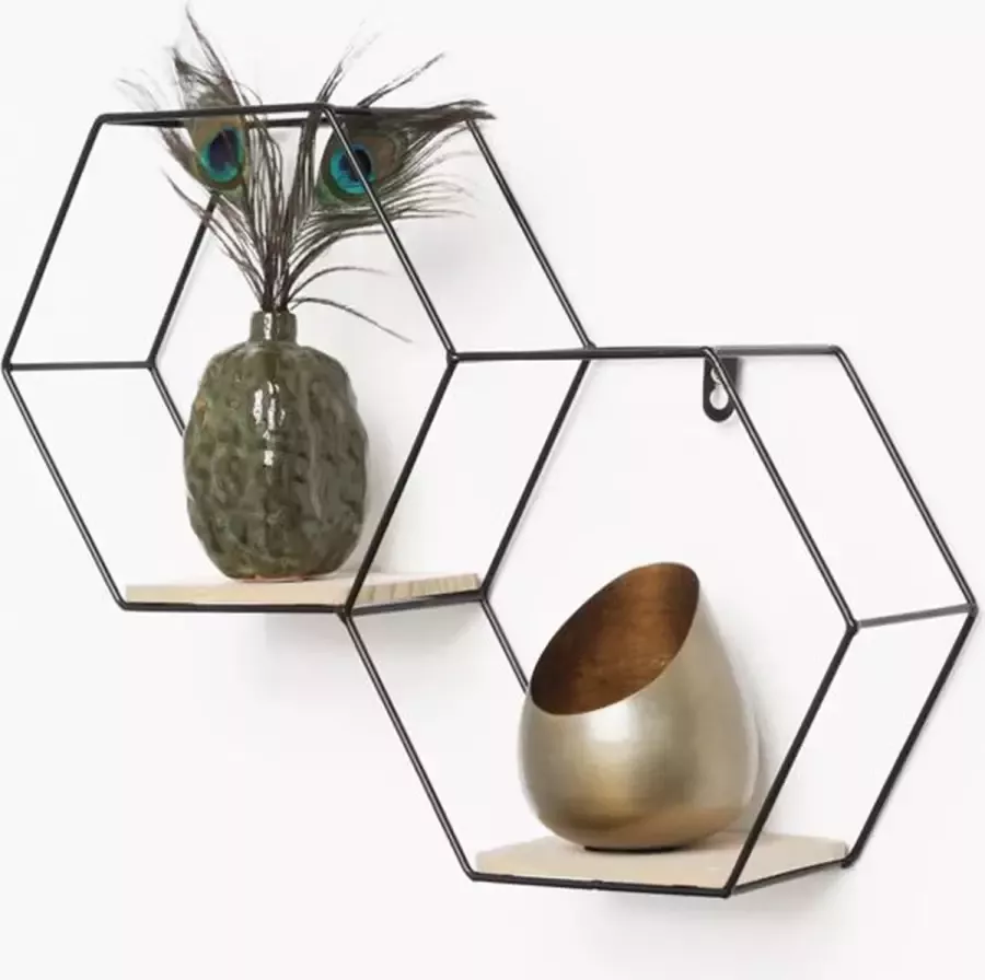 IVOL Zwart metalen wandrek industrieel met 2 houten plankjes Dubbel zeshoekig 30 5x41 cm