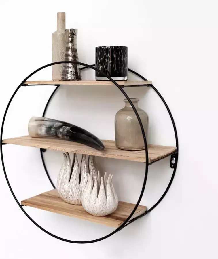 IVOL Zwart metalen wandrek industrieel met 3 houten plankjes Rond 50x19 cm