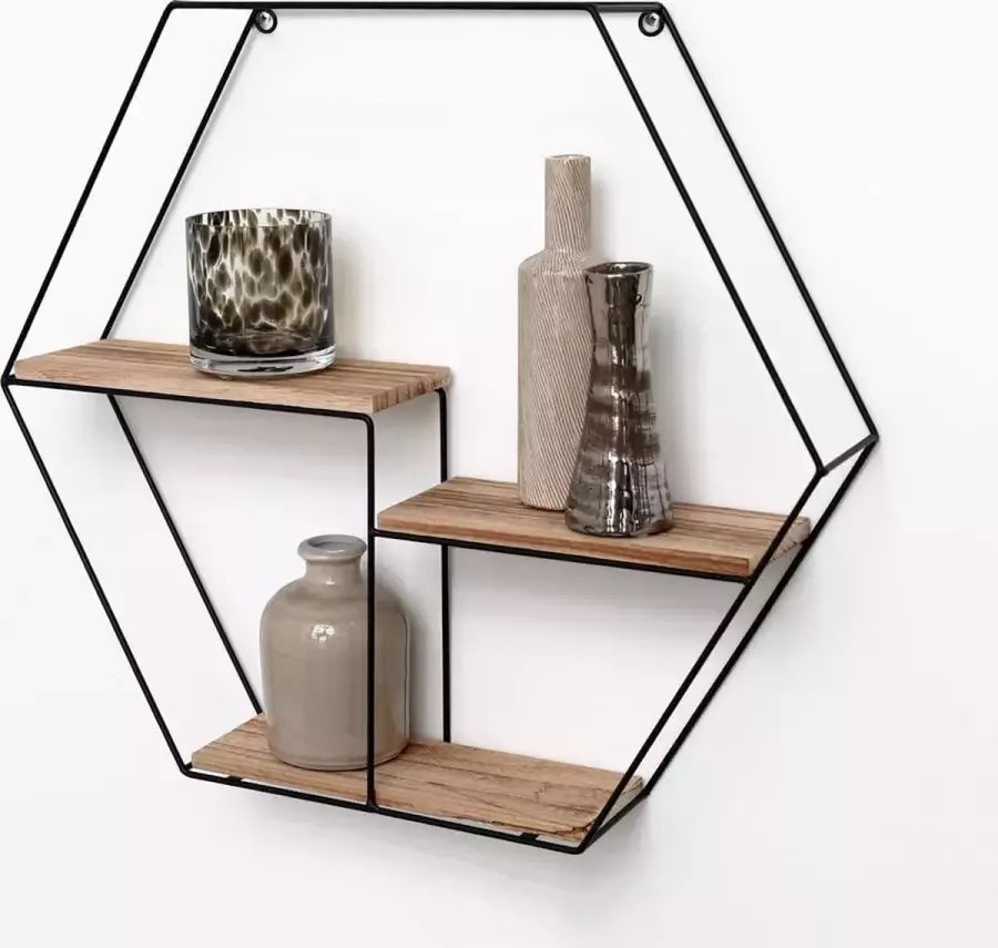 IVOL Zwart metalen wandrek industrieel met 3 houten plankjes Zeshoek 48x55x10 cm