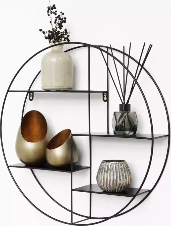 IVOL Zwart metalen wandrek industrieel met 4 metalen plankjes Rond 50x10 cm