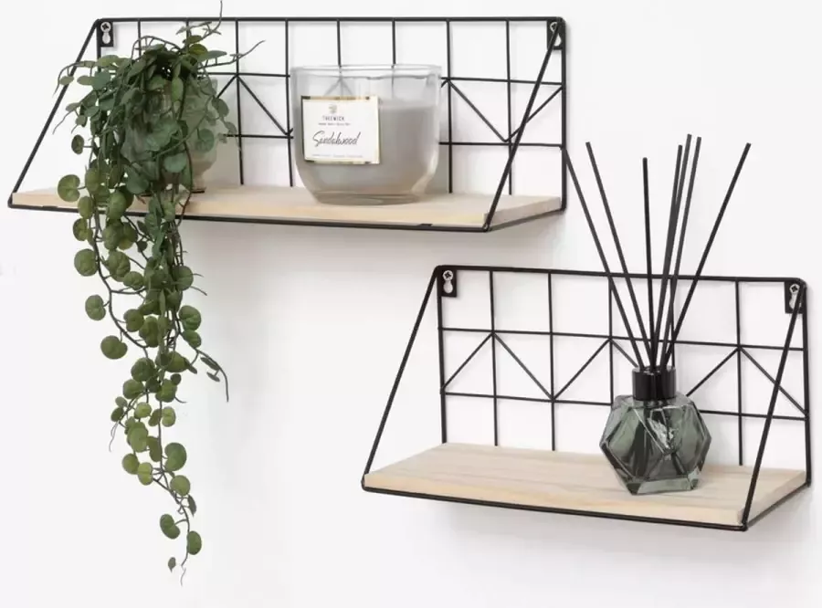 IVOL Zwart metalen wandrek industrieel set van 2 houtenplankjes 30 & 45 cm