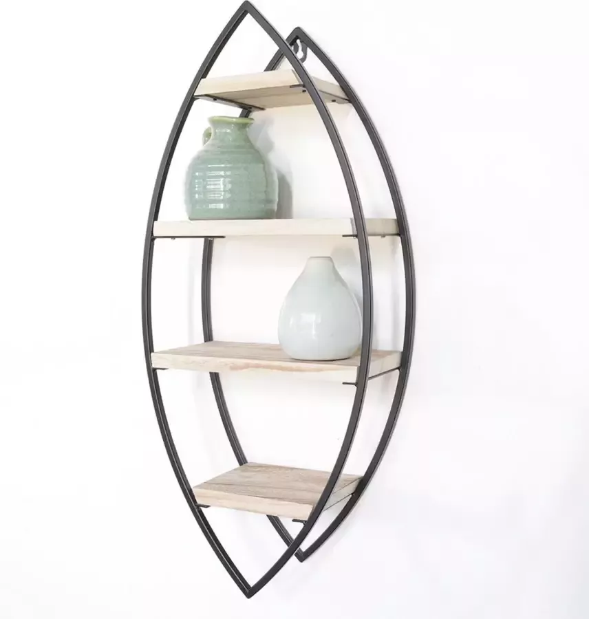 IVOL Zwart Metalen Wandrek Ovaal met 4 houten plankjes 36x80 cm
