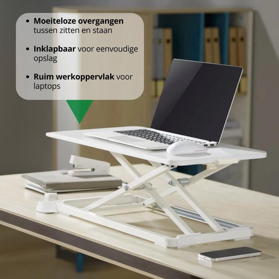 IVONO Compacte Zit-Sta Bureau Verhoger in Wit Ergonomische Desk Converter met 6 Verstelbare Hoogte-instellingen Mobiele Inklapbare Laptop Tafel voor Flexibele Zit-Sta Werkplek Geschikt voor Laptops tot 16 inch
